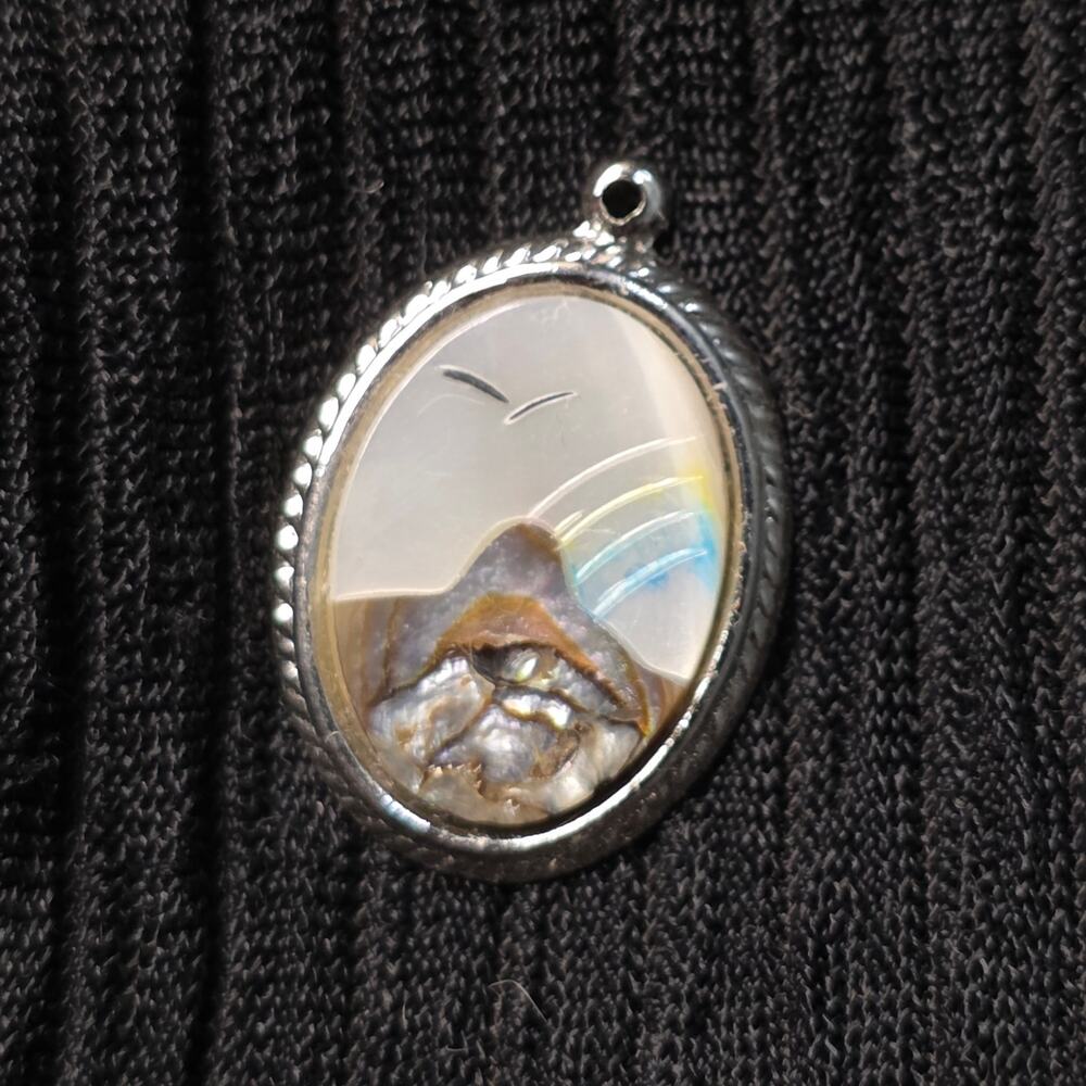 Vintage Mother of Pearl Abalone Scenic Mountain Bird Pendant